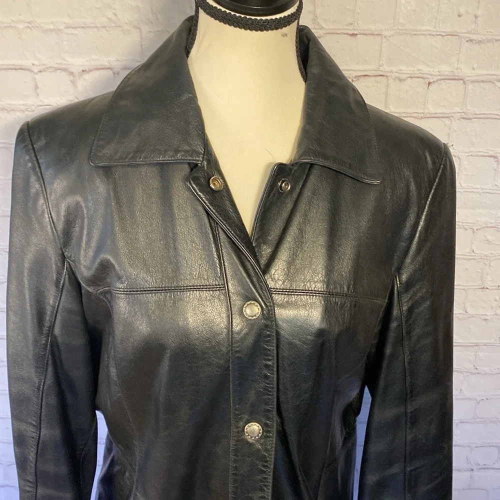 Danier Leather Black Vintage Snap Button Long Moto Blazer Jacket Size M - Picture 5 of 17